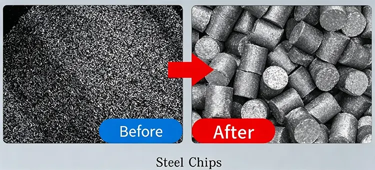 Before and after comparison of loose carbon steel turnings processed into high-density briquettes.