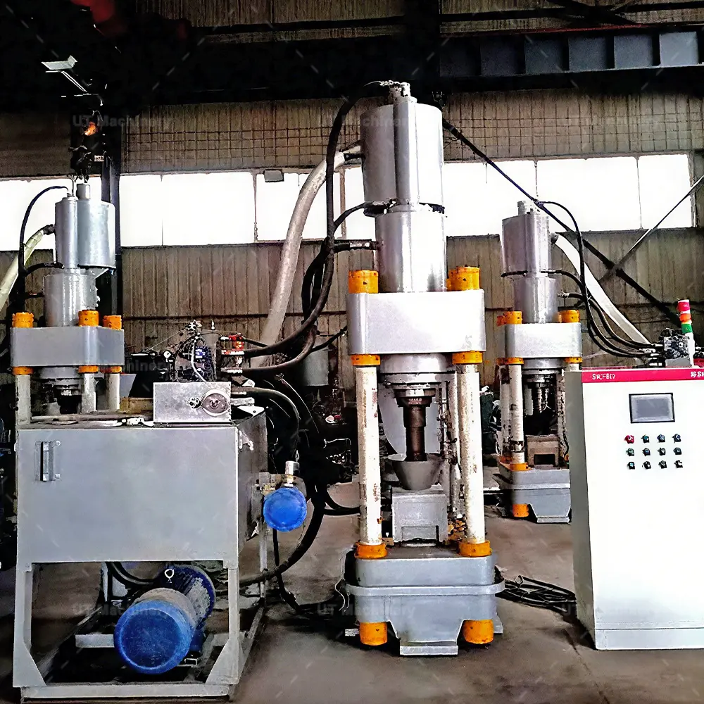 UT Machinery factory assembly line showcasing multiple vertical brass chips briquetting machines with automatic PLC cabinets.