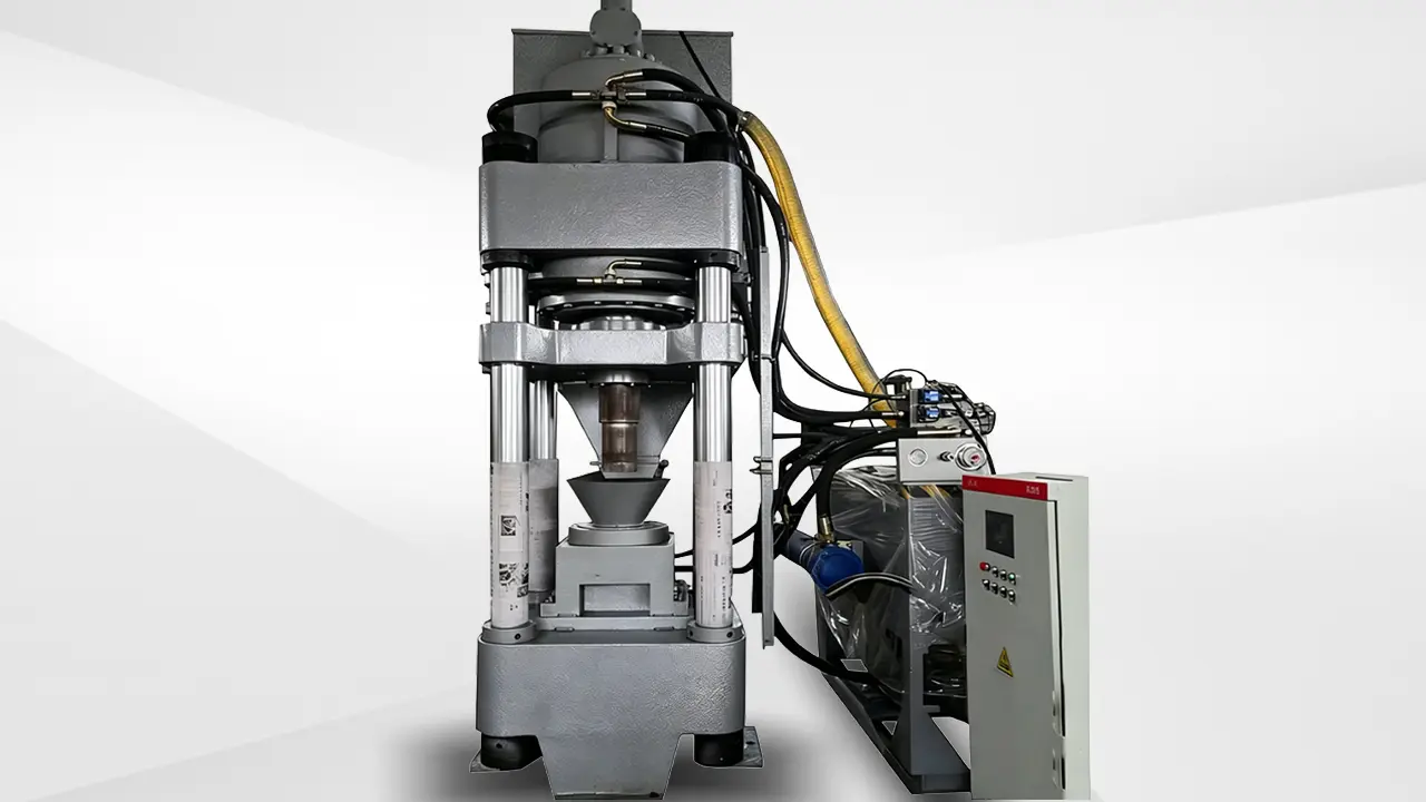 UT Machinery factory-direct vertical brass chips briquetting machine featuring a compact footprint design for metal recycling lines.