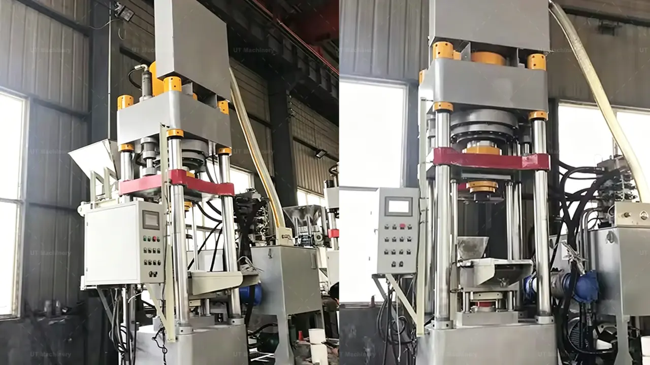 Industrial vertical brass chips briquetting machine with automatic PLC control panel installed in a CNC machining workshop.