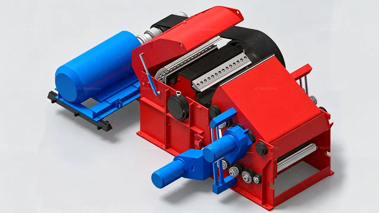 3D rendered structural diagram of a heavy-duty drum chipper machine showing the cutting drum, fly-knives, hydraulic feed rollers, and main drive motor alignment.