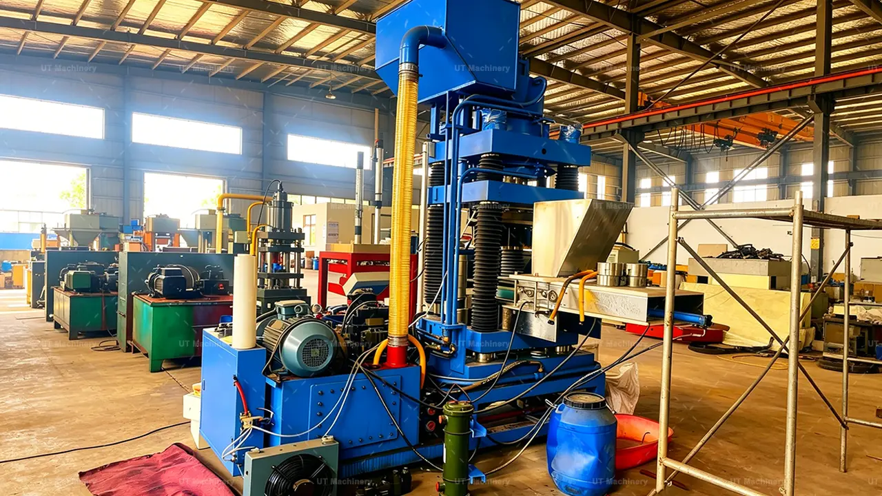 Side view of an automatic stainless steel turnings briquetting machine showing the hydraulic system pressure station and cooling unit.