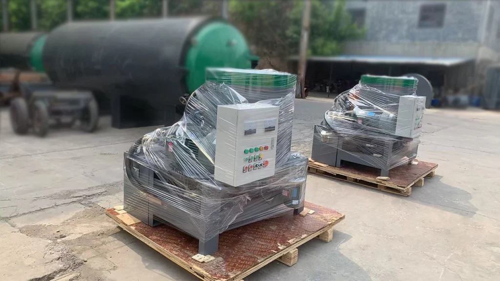 Close-up view of the biomass briquette press machine on a pallet, wrapped in protective stretch film, highlighting the control panel and sturdy construction before final packaging.