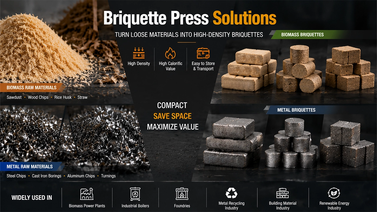 Industrial briquette press machine processing metal chips and biomass waste into compact briquettes