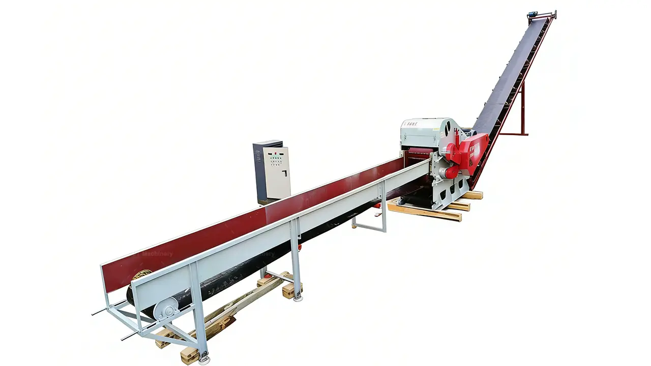 A clean product shot showing a complete industrial drum chipper processing line. The central grey chipping unit is flanked by a very long grey feeding conveyor belt and a smaller discharge conveyor belt, illustrating the entire material flow process.