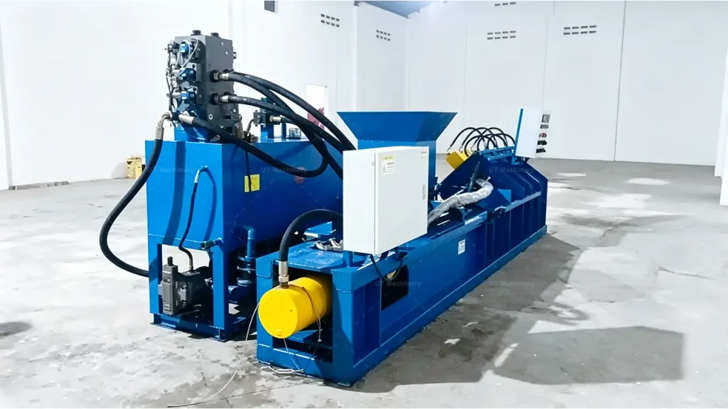 Heavy-duty hydraulic system and automatic briquetting press of UT Machinery's 5kg coco peat block machine during on-site commissioning.