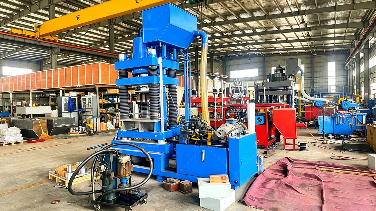 Heavy-duty hydraulic metal swarf briquette press machine installed in the UT Machinery production workshop for stainless steel recycling.