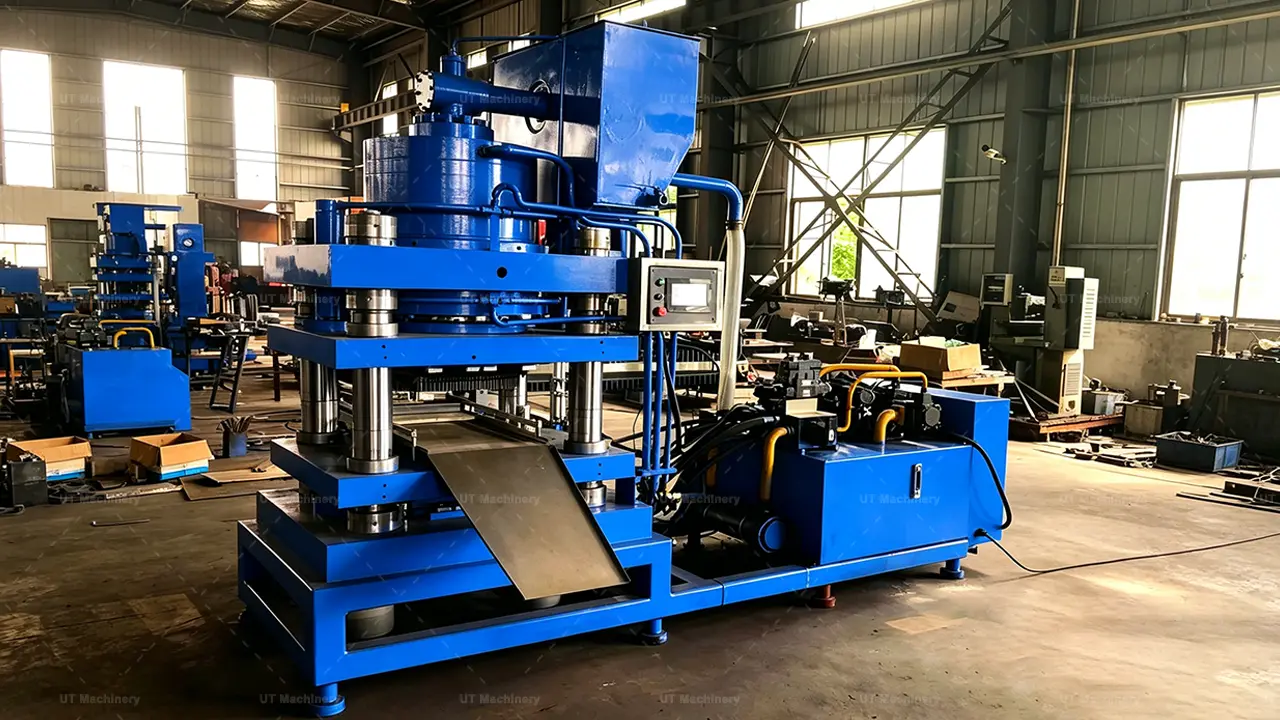Industrial stainless steel shavings briquetting press featuring an automatic PLC control panel and a metallic finished puck discharge chute.