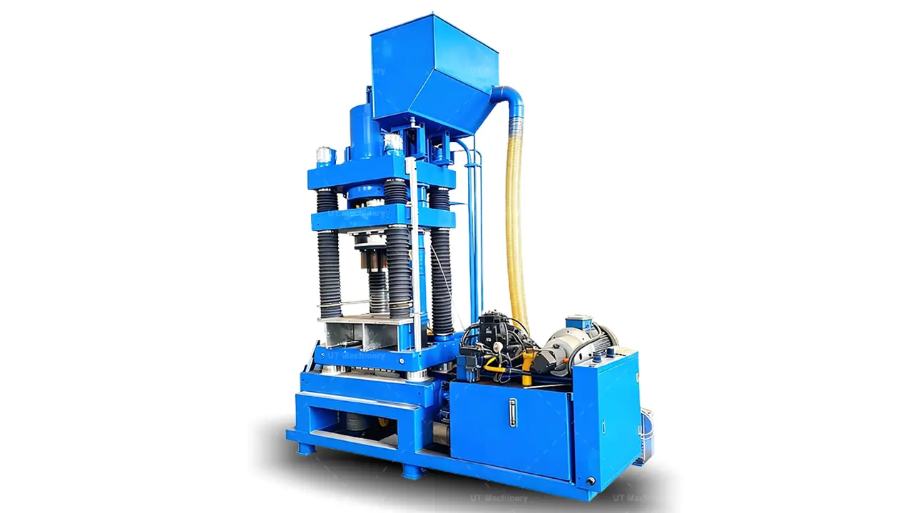 UT Machinery vertical industrial stainless steel chips briquetting machine with automatic top hopper.